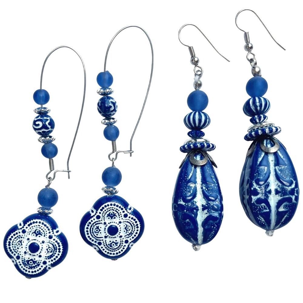 Lot of 2 Folk Artisan Style Earrings Lightweight Blue White Long Dangle Big Bead